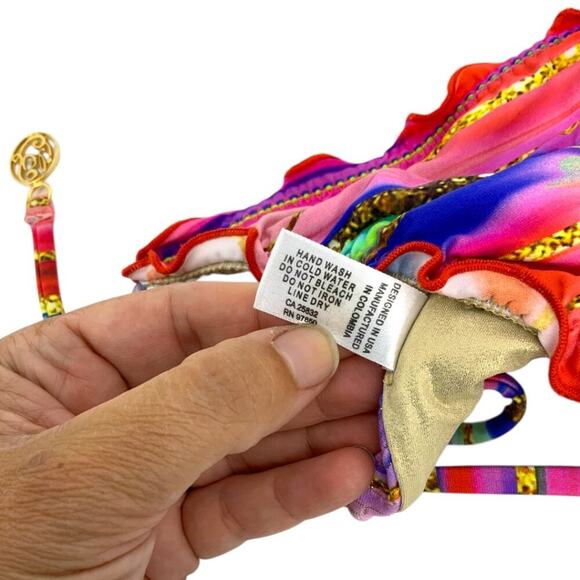 Luli Fama Bellamar Wavy Ruched Back Side Tie Bikini Bottom Size Large Pink Gold - Picture 4 of 4